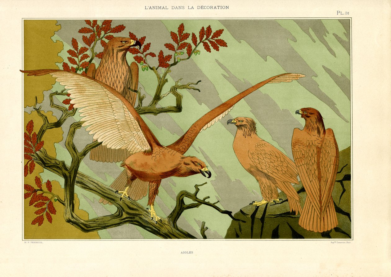 Adelaars in Art Nouveau naturalistische voorstelling (litho) door Maurice Pillard Verneuil