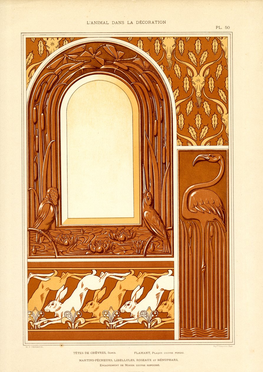 Ornamenteel frameontwerp met watervogels en hazen (litho) door Maurice Pillard Verneuil