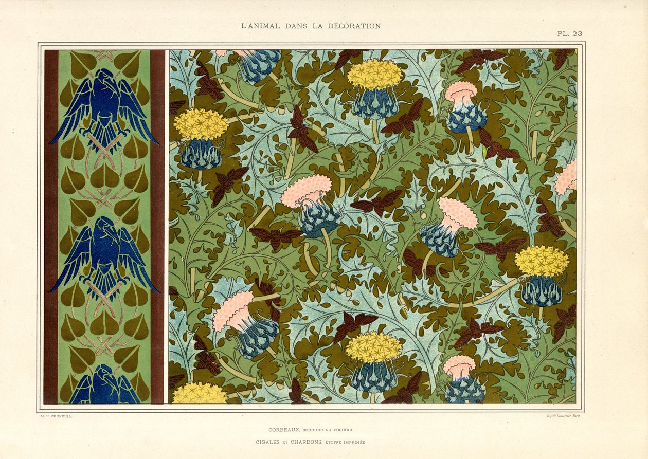 Distelversiering met insecten en raven (litho) door Maurice Pillard Verneuil