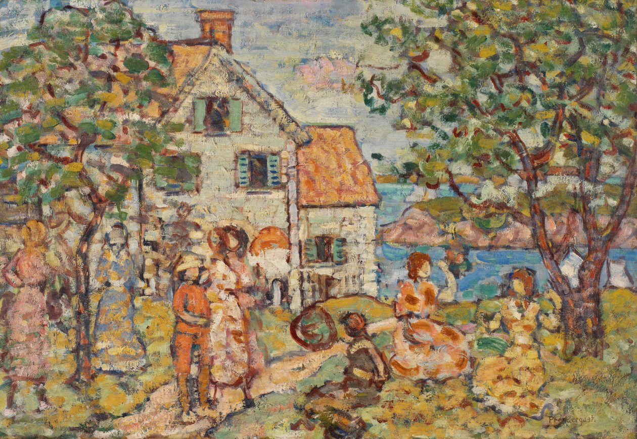 Strand en twee huizen door Maurice Prendergast