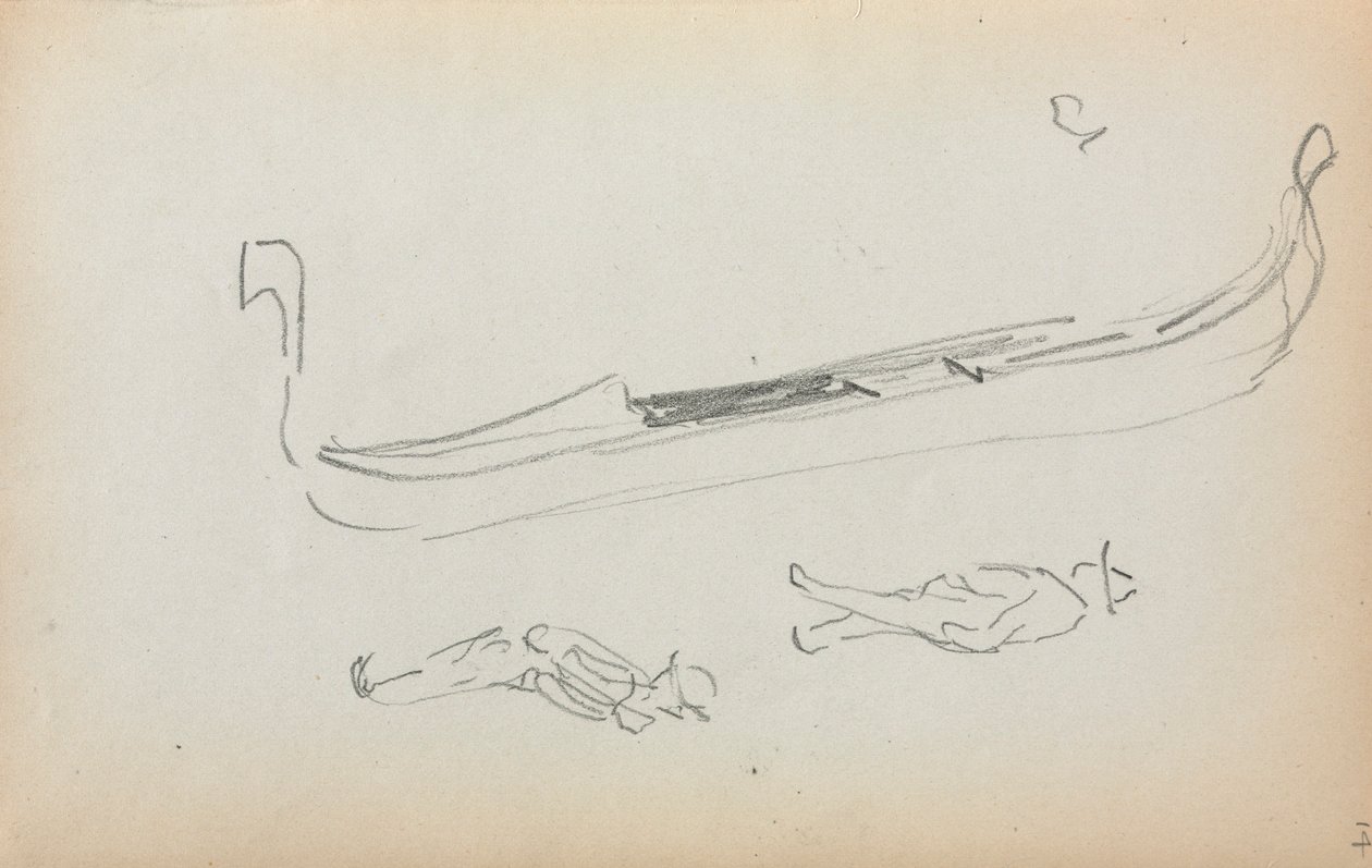 Italiaans schetsboek: Gondel en twee gondeliers (pagina 14) door Maurice Prendergast