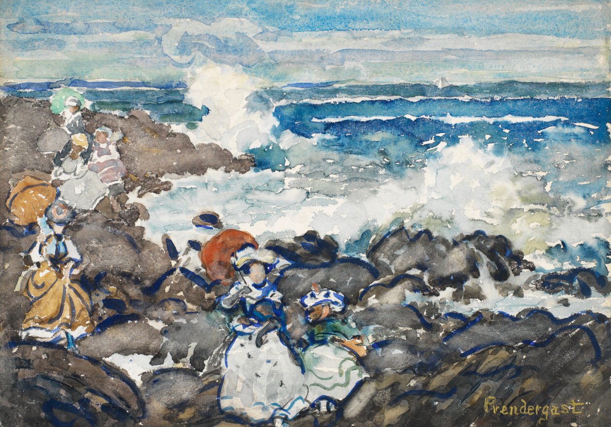 Rotsen, golven en figuren door Maurice Prendergast