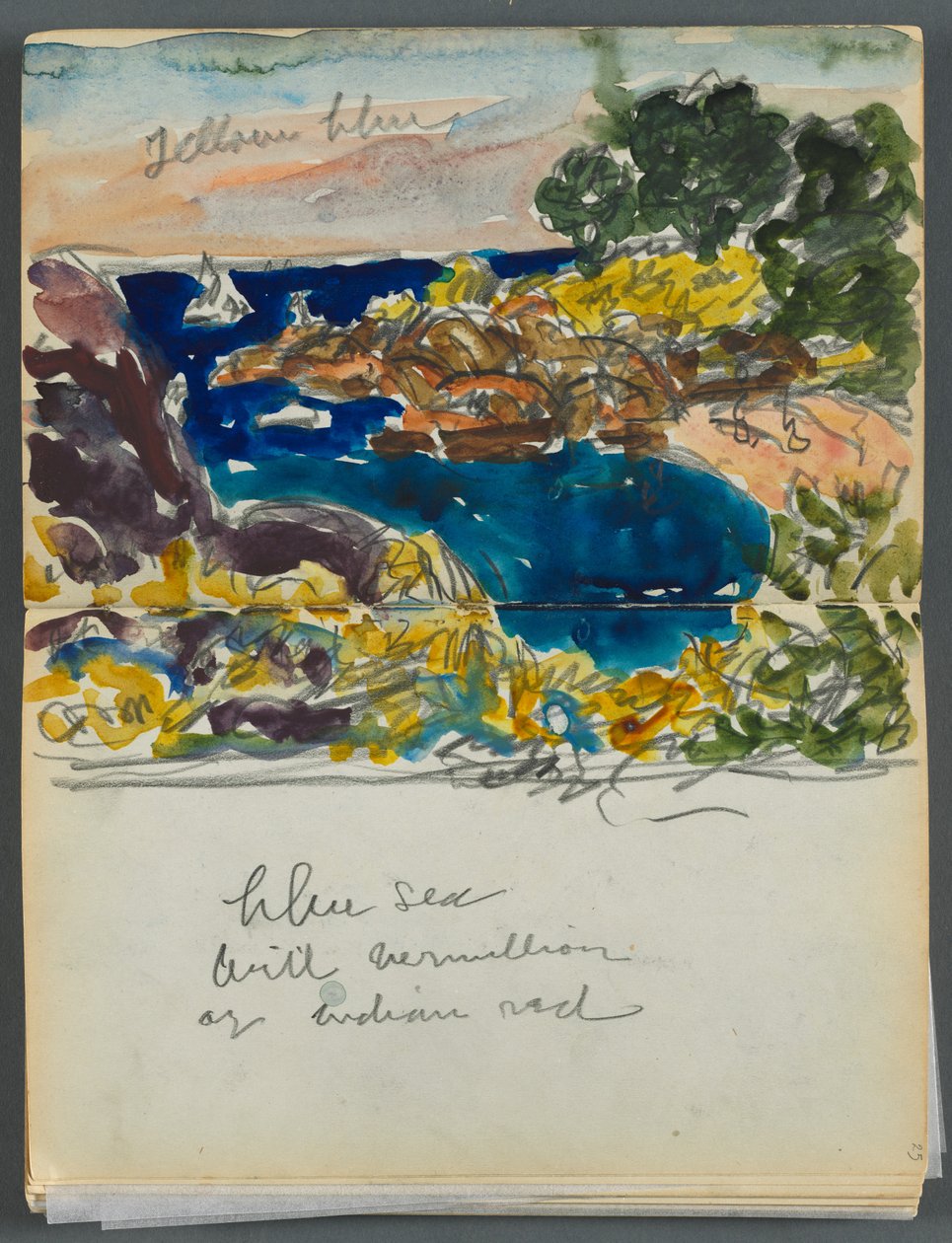 Schetsboek - The Granite Shore Hotel, Rockport, pagina 024  25: Havengezicht met kleurnotaties door Maurice Prendergast