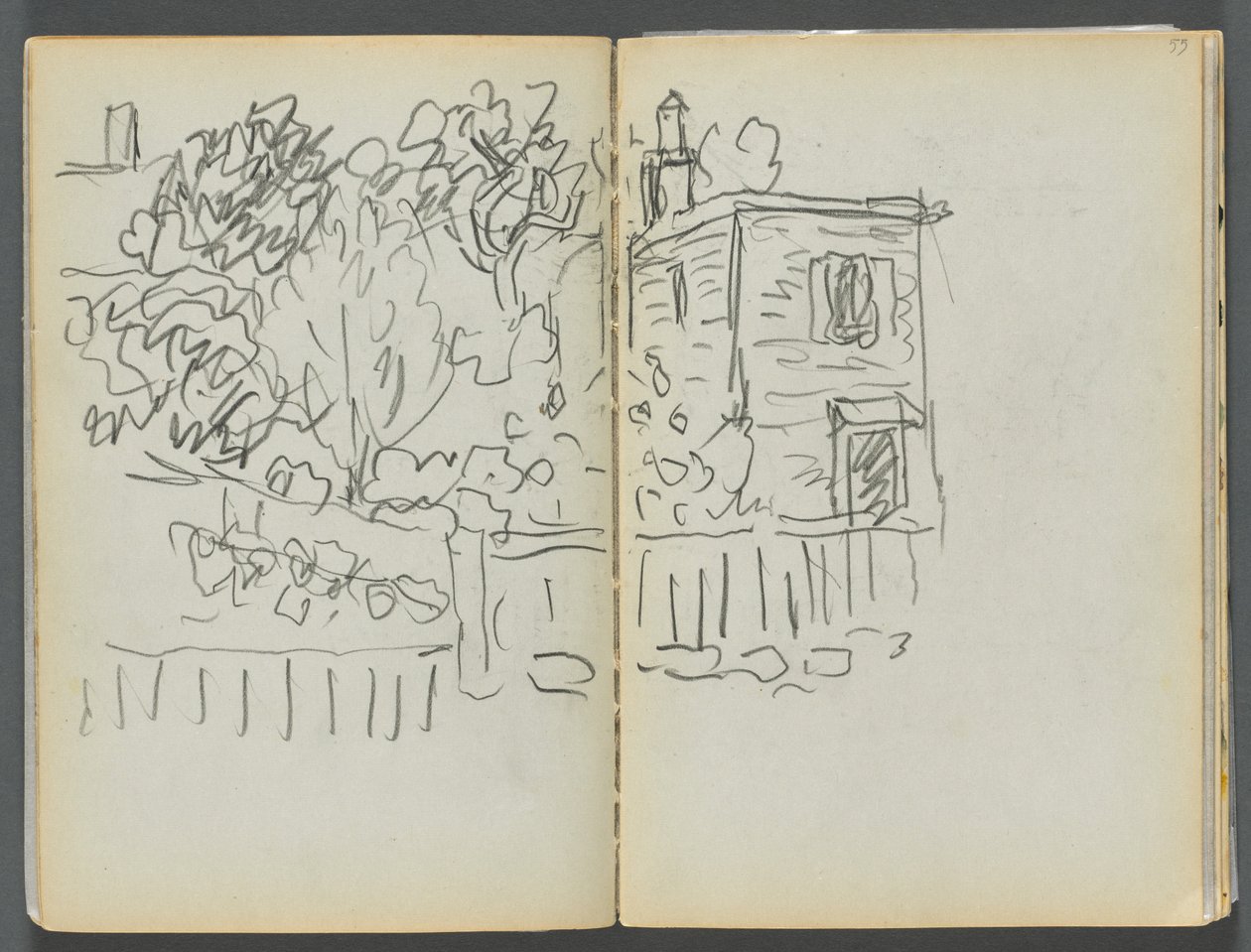 Schetsboek - Het Granite Shore Hotel, Rockport, pagina 054  55: Huis en omheinde tuin door Maurice Prendergast