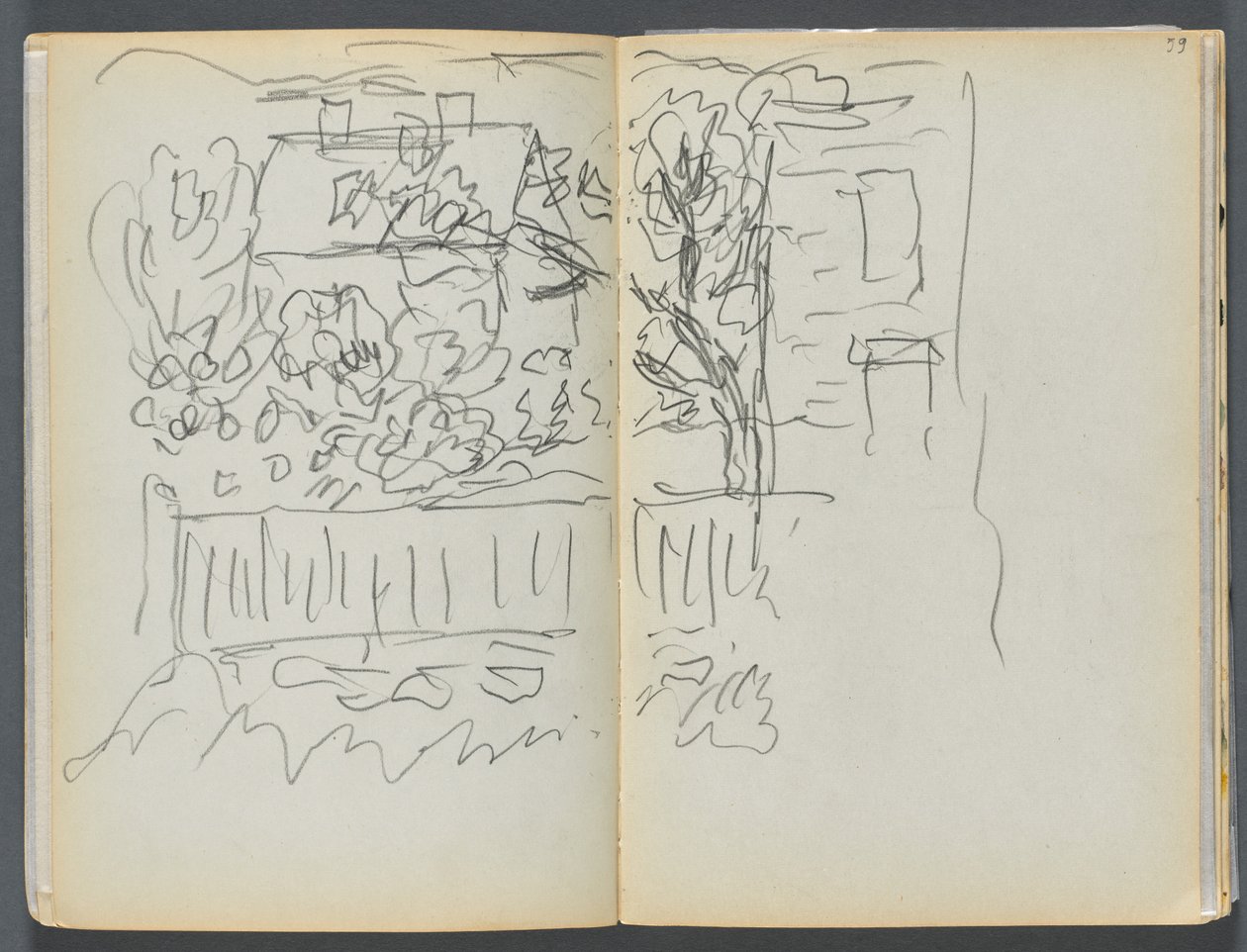 Schetsboek - The Granite Shore Hotel, Rockport, pagina 058  59: Huis en omheinde tuin door Maurice Prendergast