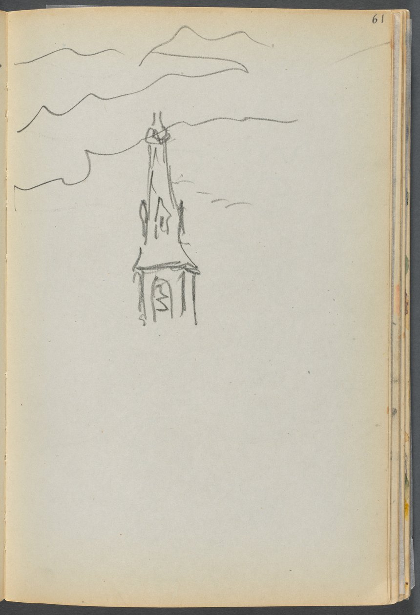 Schetsboek - Het Granite Shore Hotel, Rockport, pagina 061: Kerktoren met hemel door Maurice Prendergast