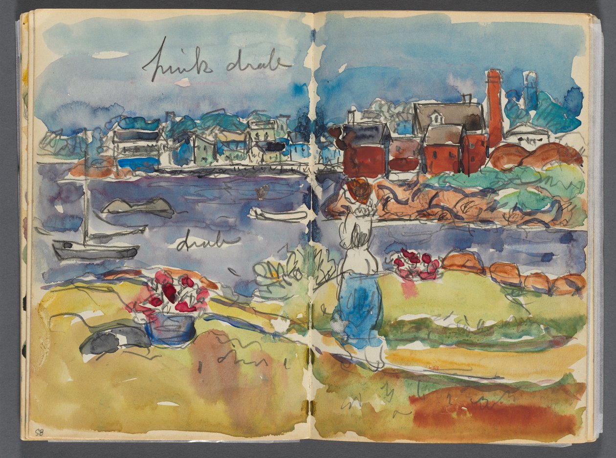 Schetsboek - The Granite Shore Hotel, Rockport, pagina 084  85: Havengezicht met kleuraantekeningen door Maurice Prendergast