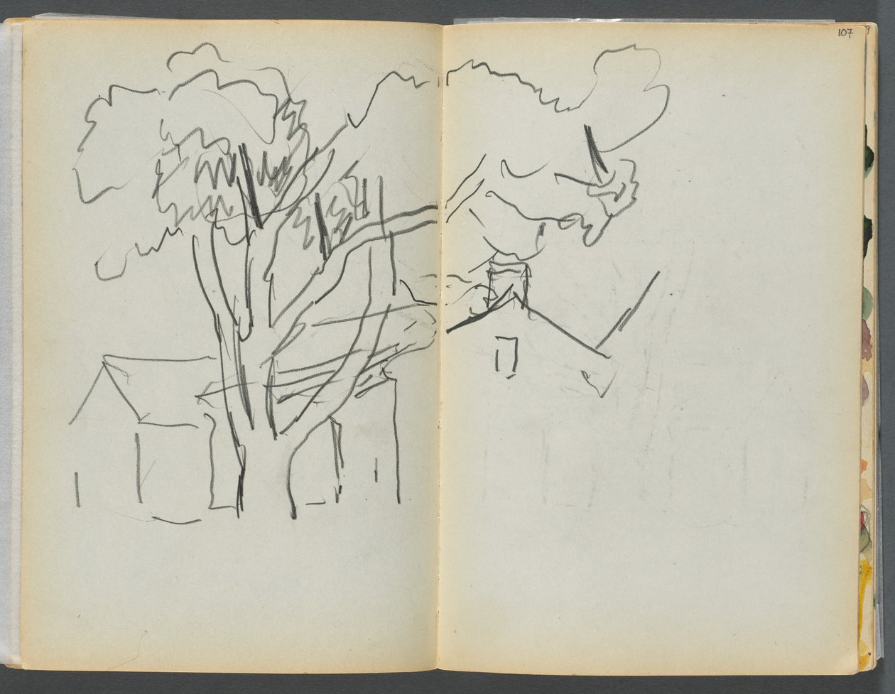 Schetsboek - The Granite Shore Hotel, Rockport, pagina 106  107: Boom met huizen door Maurice Prendergast
