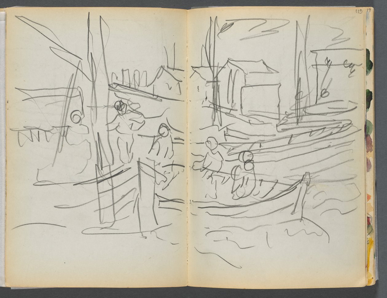 Schetsboek - The Granite Shore Hotel, Rockport, pagina 114 115: Figuren op een zeilboot door Maurice Prendergast
