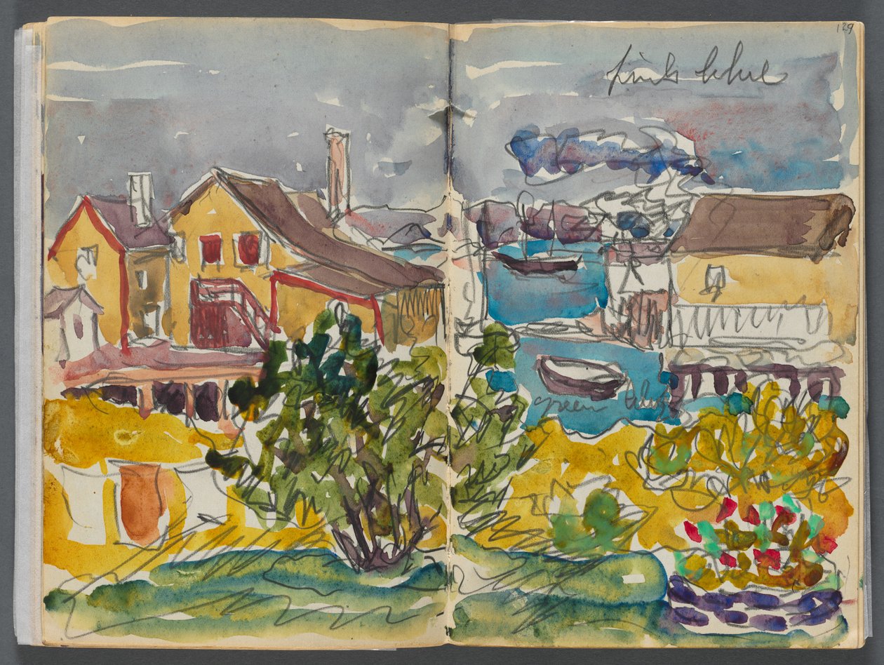 Schetsboek - Het Granite Shore Hotel, Rockport, pagina 128  129: Huizen aan de haven door Maurice Prendergast