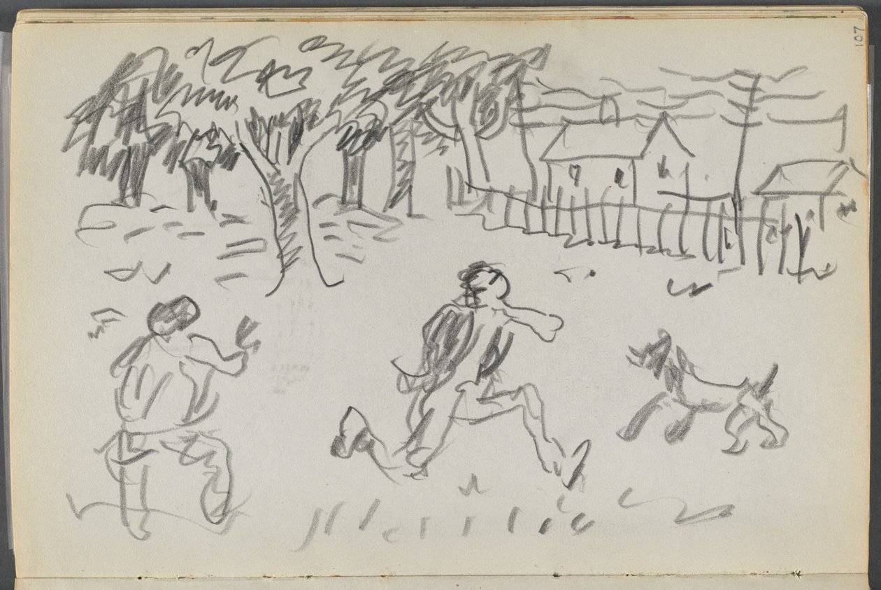 Schetsboek, De Dells, nr. 127, pagina 107: Landschap met figuren en hond door Maurice Prendergast