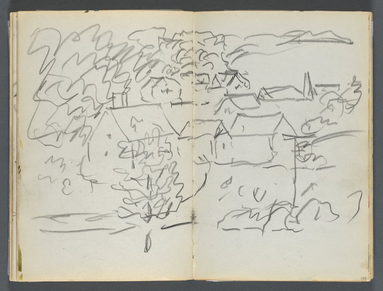 Schetsboek, De Dells, nr. 127, pagina 108  109: Landschap met huizen door Maurice Prendergast