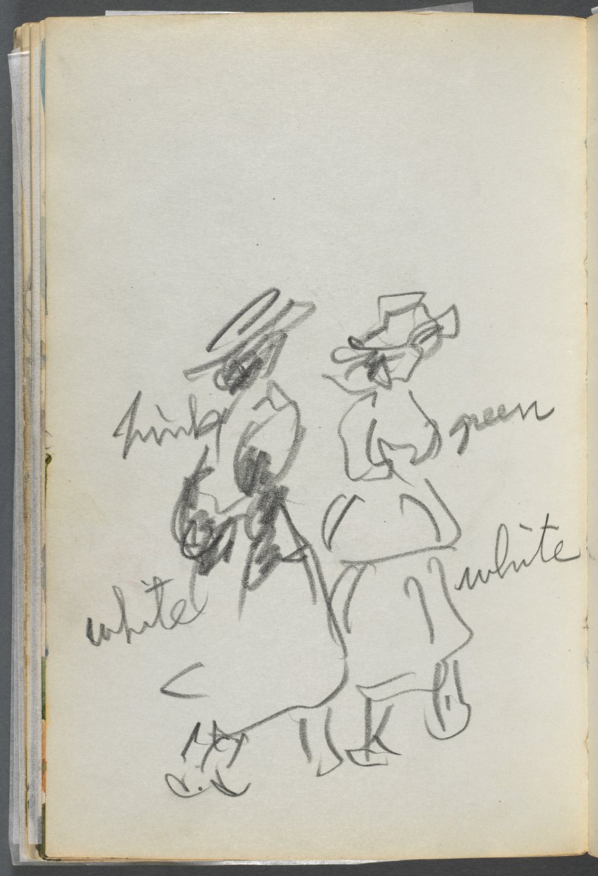Schetsboek, The Dells, nr. 127, pagina 144: Twee wandelende figuren met kleuraantekeningen door Maurice Prendergast