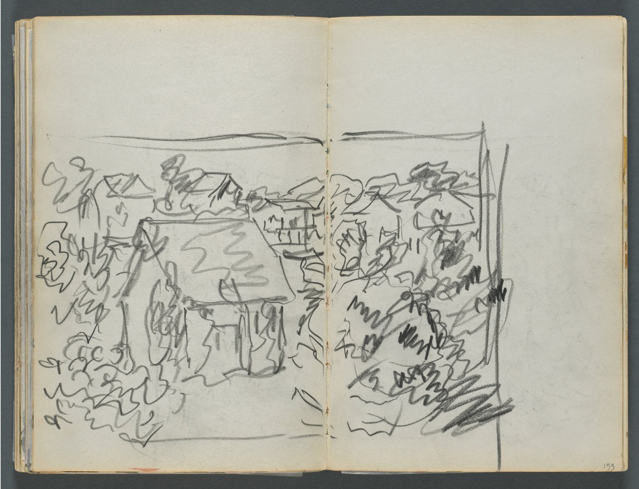 Schetsboek, De Dells, nr. 127, pagina 154  155: Landschap met huizen door Maurice Prendergast