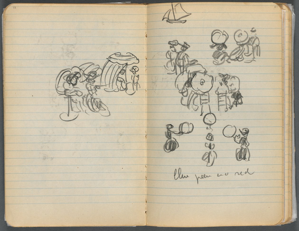 Schetsboek, pagina 110 111: Studie voor figuren op een strand door Maurice Prendergast