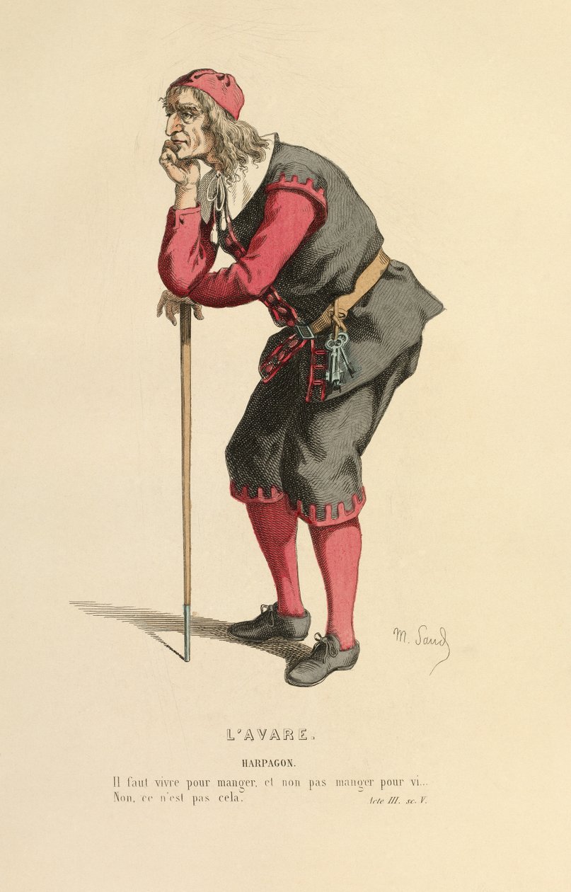 Kostuum voor de rol van Harpagon, ca.1868 (gravure) door Maurice Sand