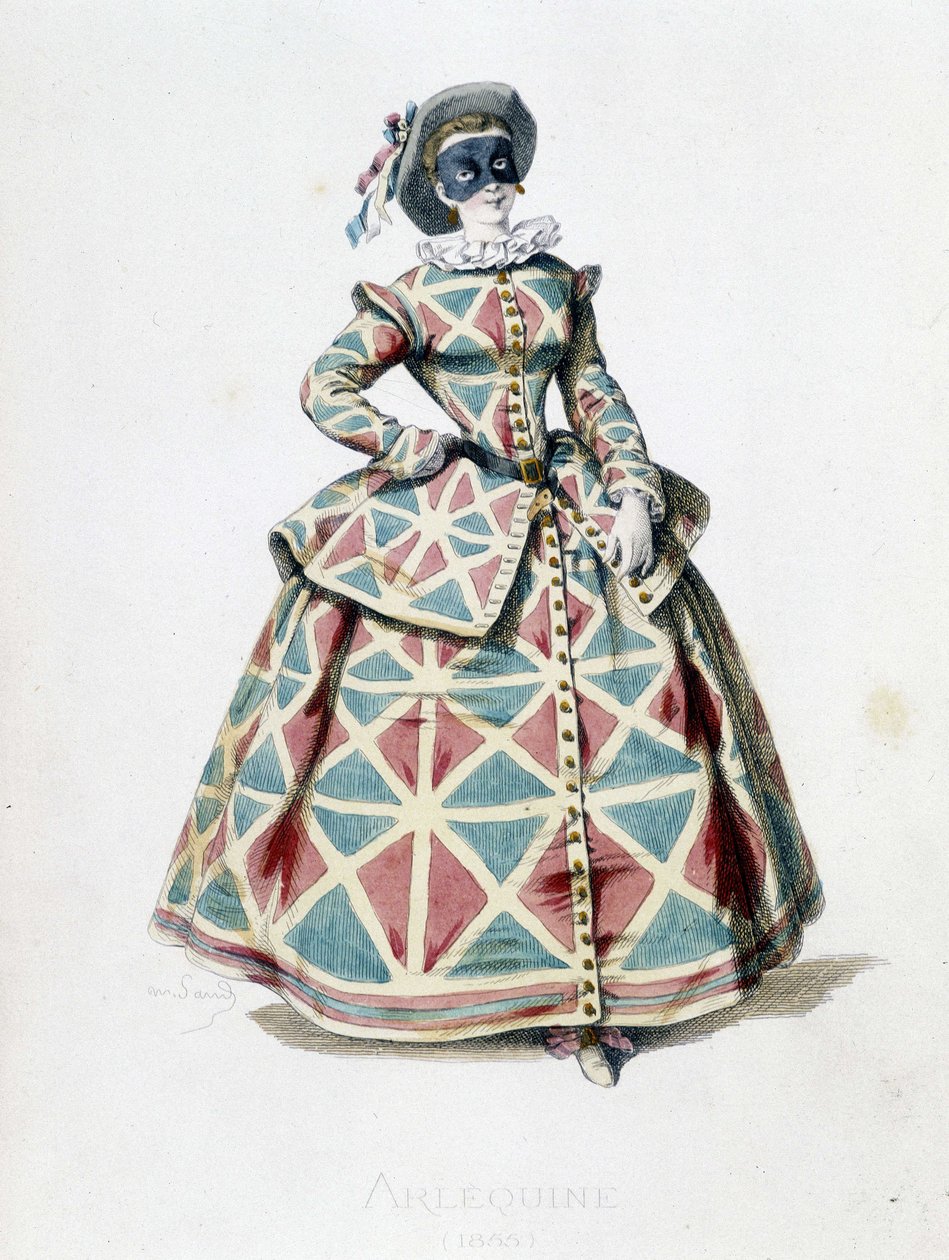 Harlekijn kostuum en masker in 1855, vrouwelijke personage van Harlekijn in de commedia dell