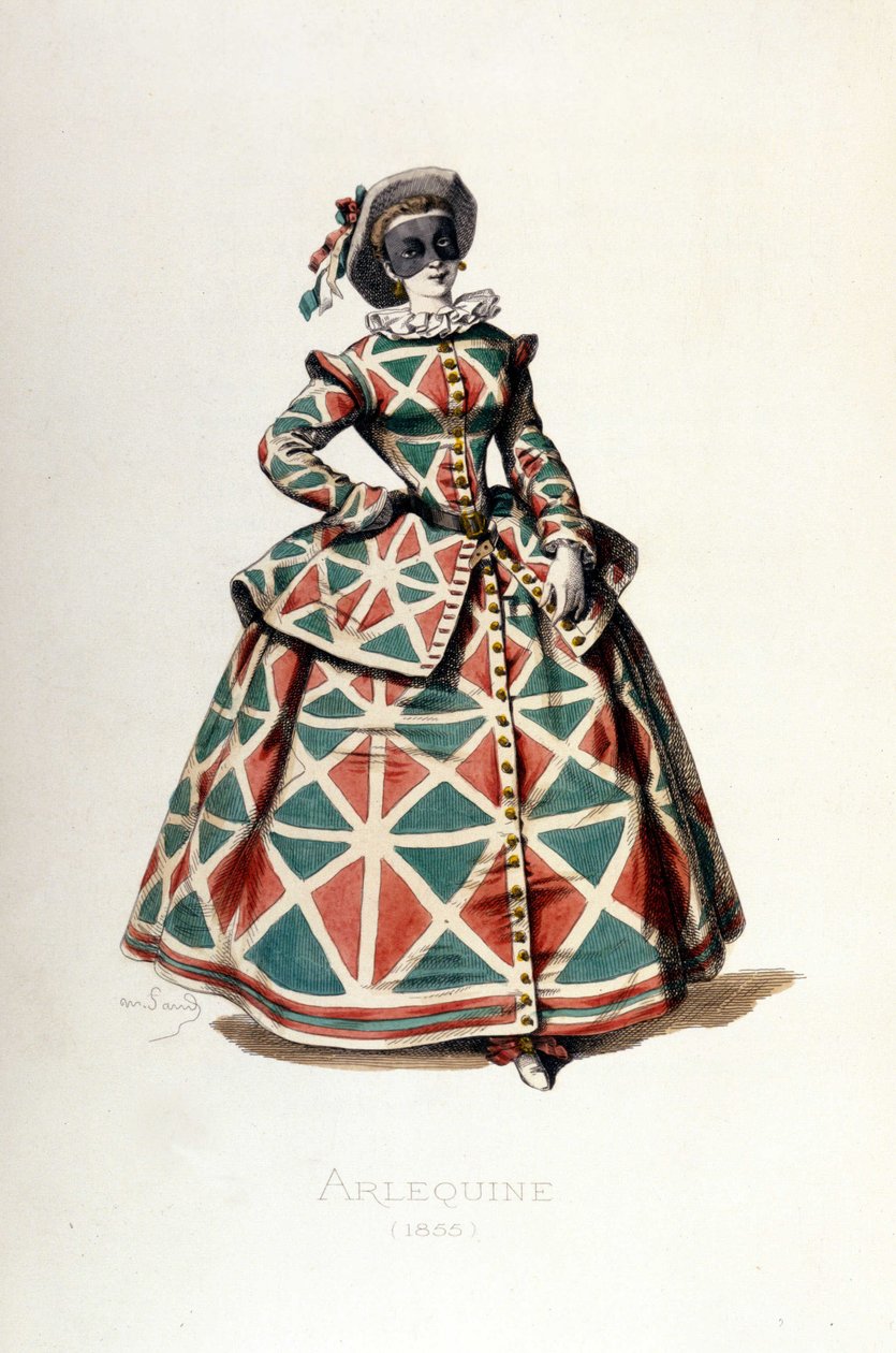 Harlekijn kostuum en masker in 1855, vrouwelijk personage van Harlekijn in de commedia dell