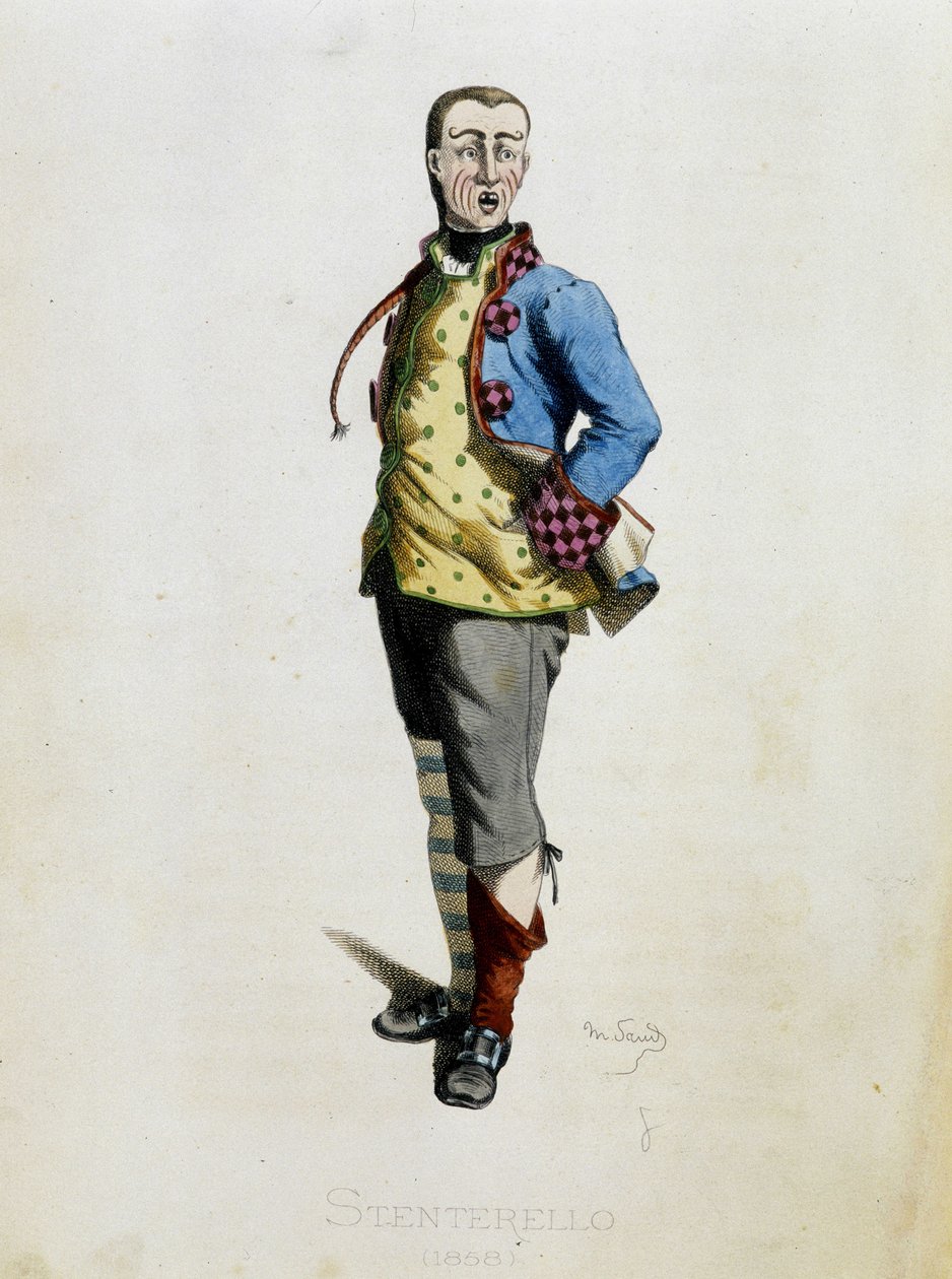 Stenterello tekent uit Masques et bouffons (Italiaanse komedie), tekst en tekeningen door Maurice Sand, prenten door A. Manceau, voorwoord door Georges Sand, Parijs, Michel Levy Freres door Maurice Sand