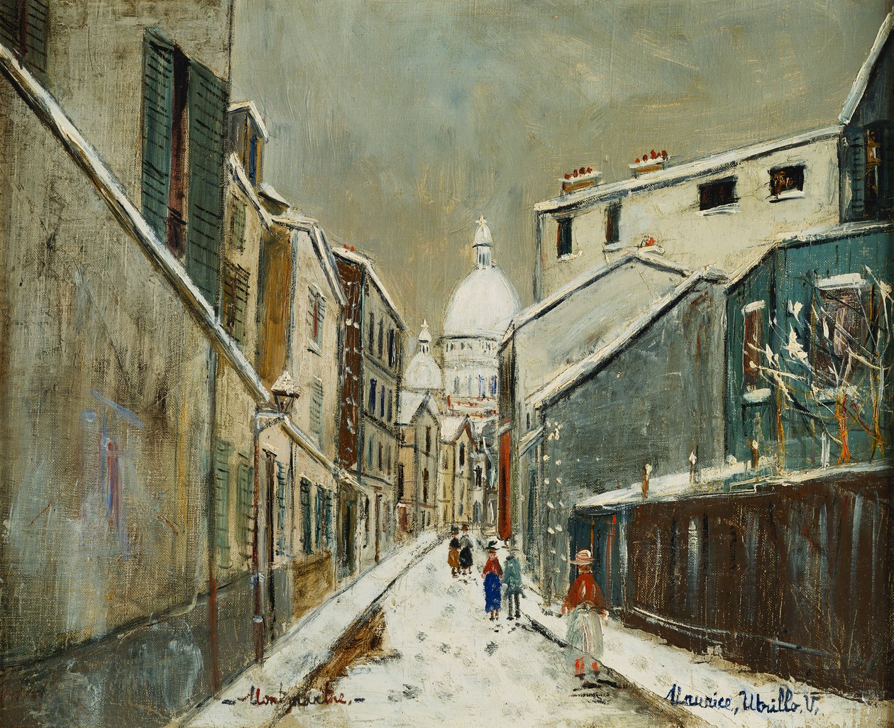 Rue St. Rustique sous la Neige, Montmartre, ca. 1939 (olieverf op doek) door Maurice Utrillo