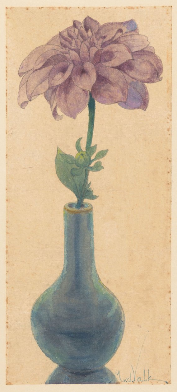 Blauw glazen vaasje met lila Dahlia door Maurits van der Valk