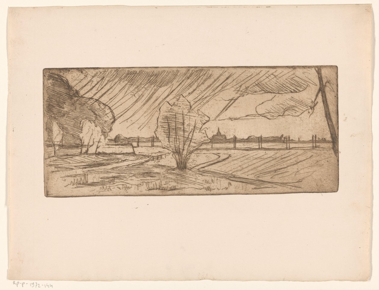 Landschap met bomen en kerk door Maurits van der Valk