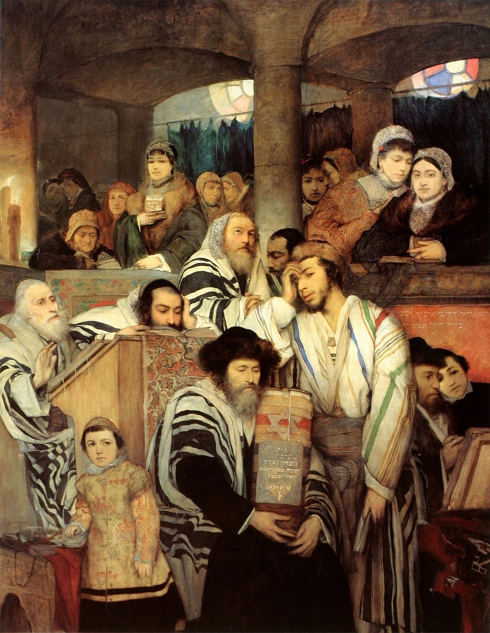 Joden bidden in de synagoge op Yom Kippur door Maurycy Gottlieb
