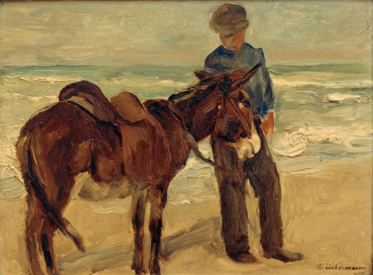 Jongen met ezel op het strand door Max Liebermann
