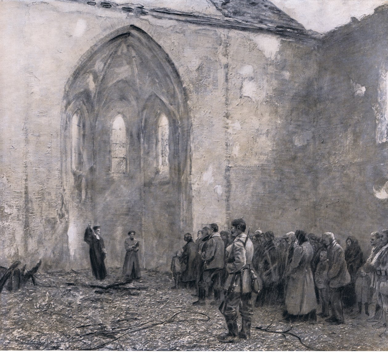 Oost-Pruisen na de Russische "dagen van terreur". De eerste dienst in de verwoeste kerk in Luck, illustratie uit Hindenburg uitgegeven door Daterlandischer Derlag C U Weller Berlijn, 1922 door Max Rabes