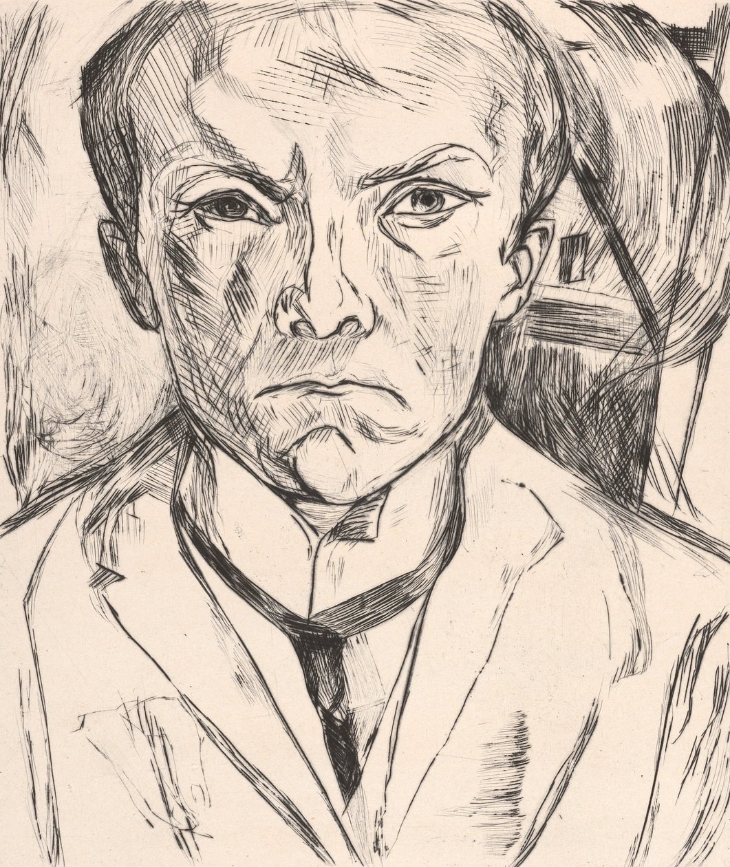 Frontaal zelfportret met huisgevel op de achtergrond door Max Beckmann
