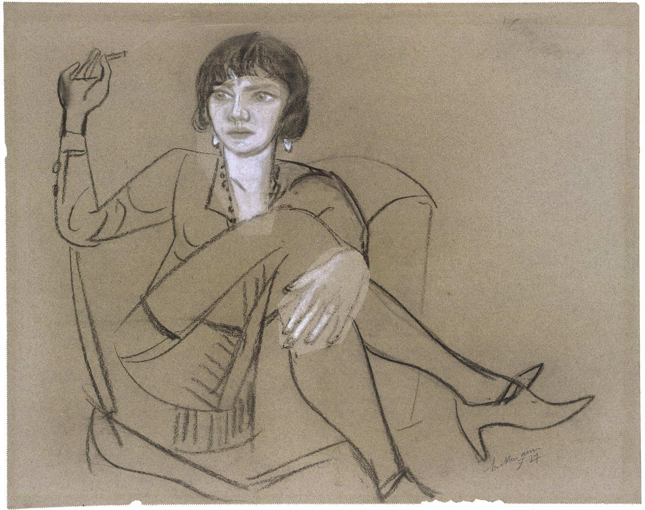 Quappi in een clubfauteuil, rokend door Max Beckmann