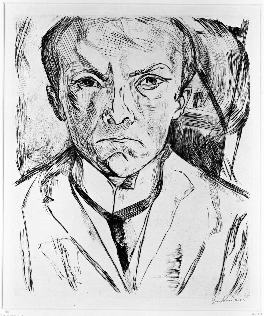 Zelfportret van voren, met een huisgevel op de achtergrond door Max Beckmann
