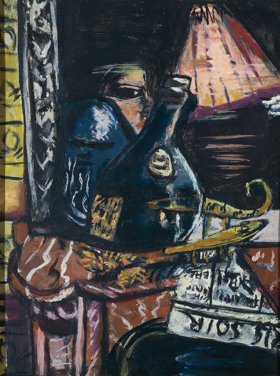 Stilleven met scheve schnapsfles en Boeddha door Max Beckmann
