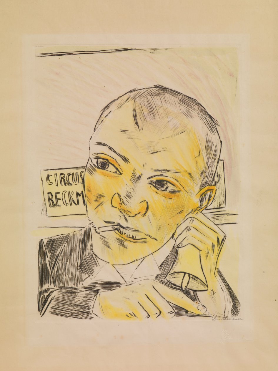 Der Ausrufer, von Der Jahrmarkt door Max Beckmann