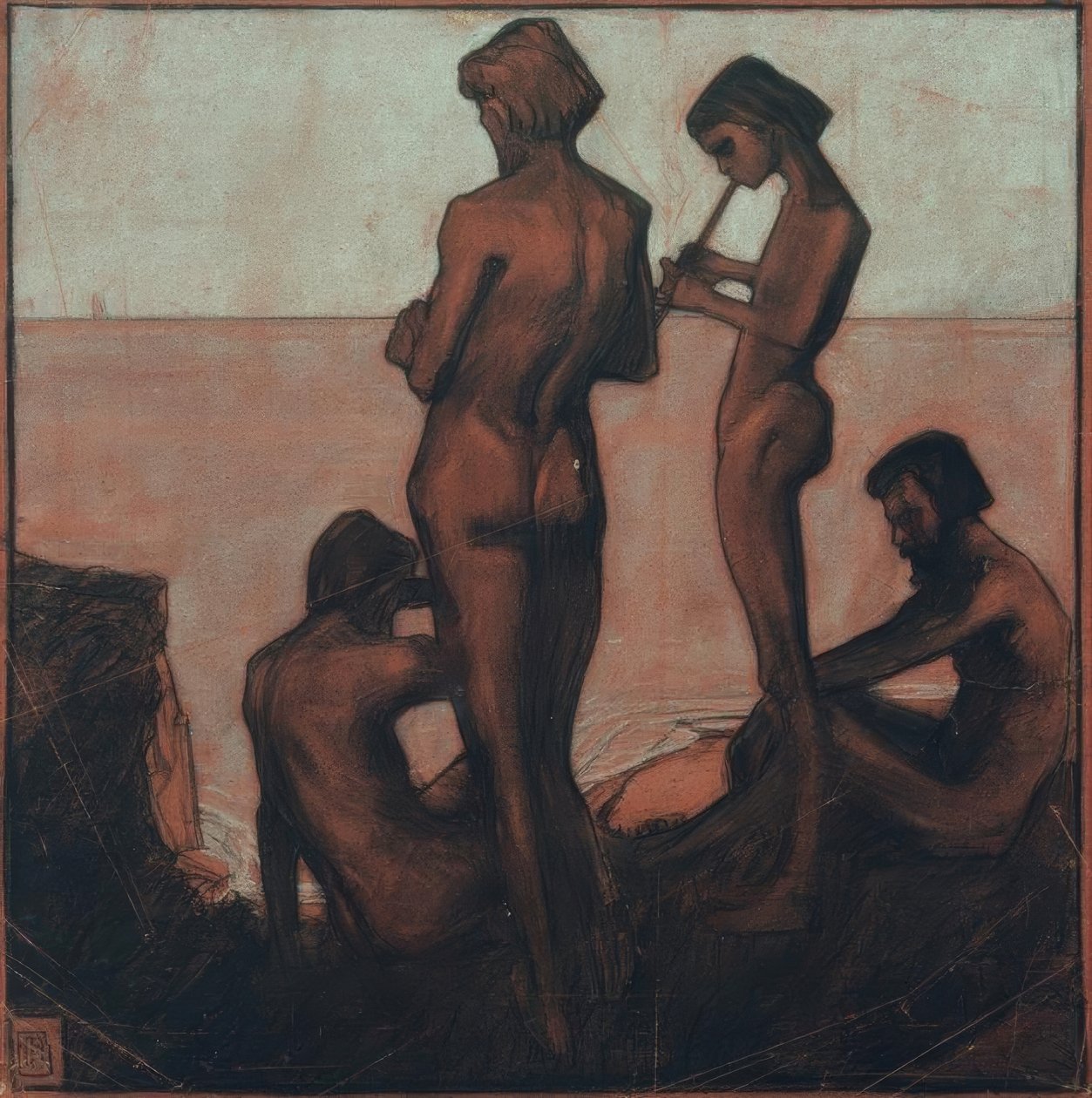 Vier jonge Mannen aan Zee (Vier mannelijke Figuren aan Zee) door Max Beckmann