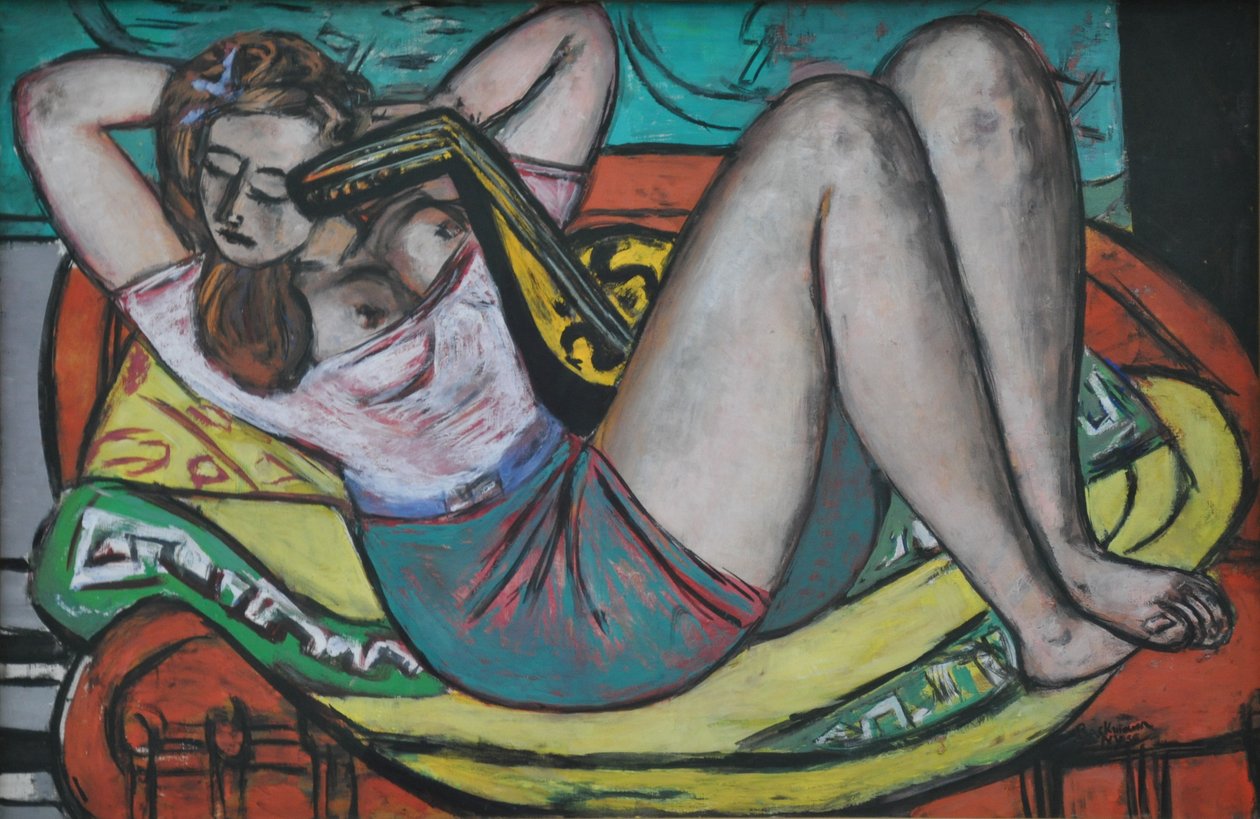 Vrouw met mandoline in geel en rood door Max Beckmann