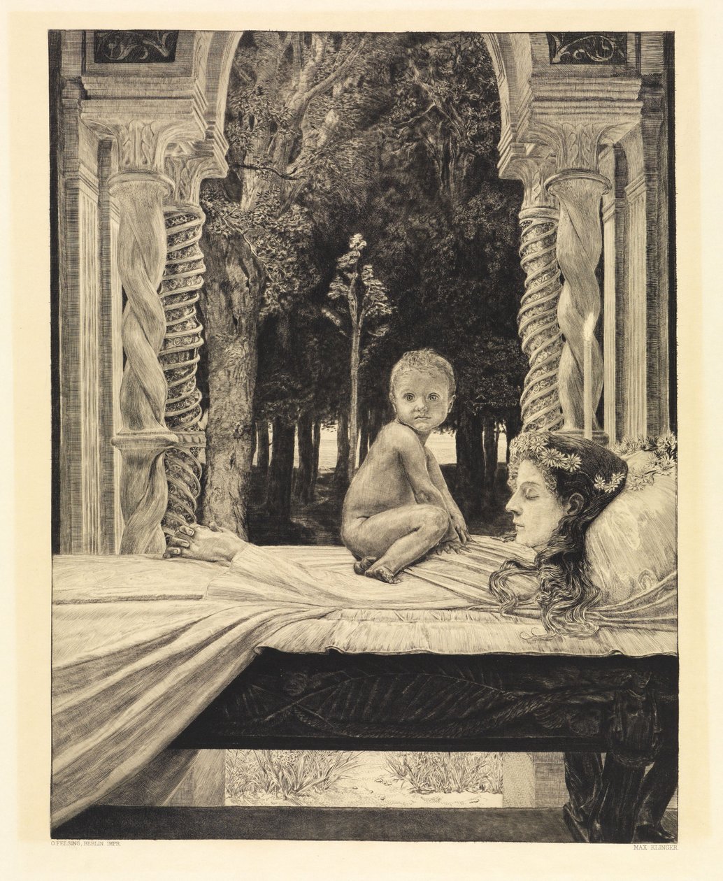 Moeder en kind (Dode moeder) (Over de dood, tweede deel, opus XI, blad 9) door Max Klinger