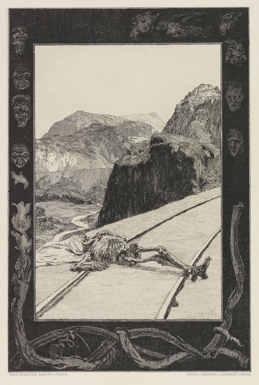 Op de sporen, plaat 8 uit de portfolio Over de dood, Deel I, Opus XI, 1897 door Max Klinger
