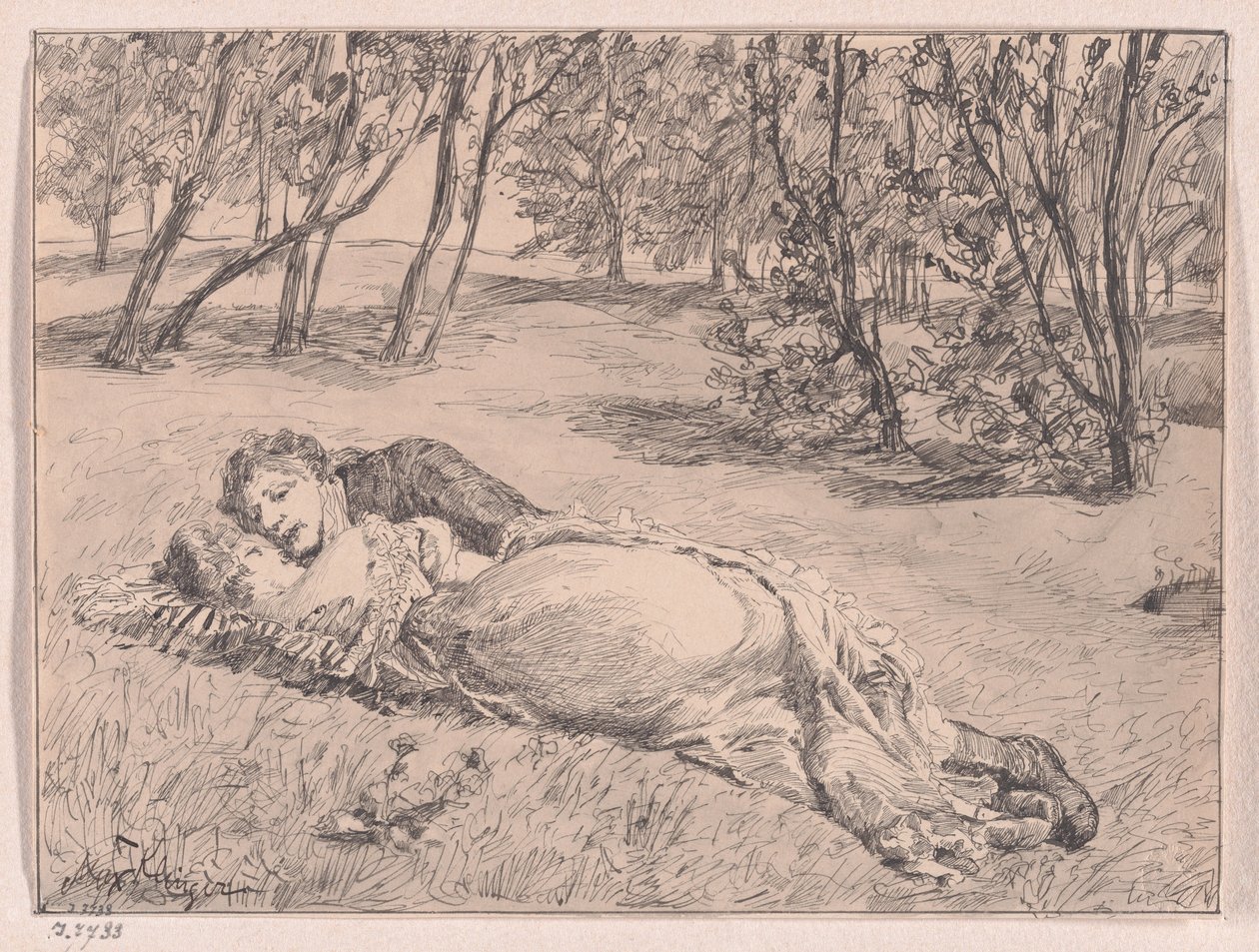 Stel in het gras – Omhelzing in een landschap (A Couple on the Grass – An Embrace in a Landscape) door Max Klinger