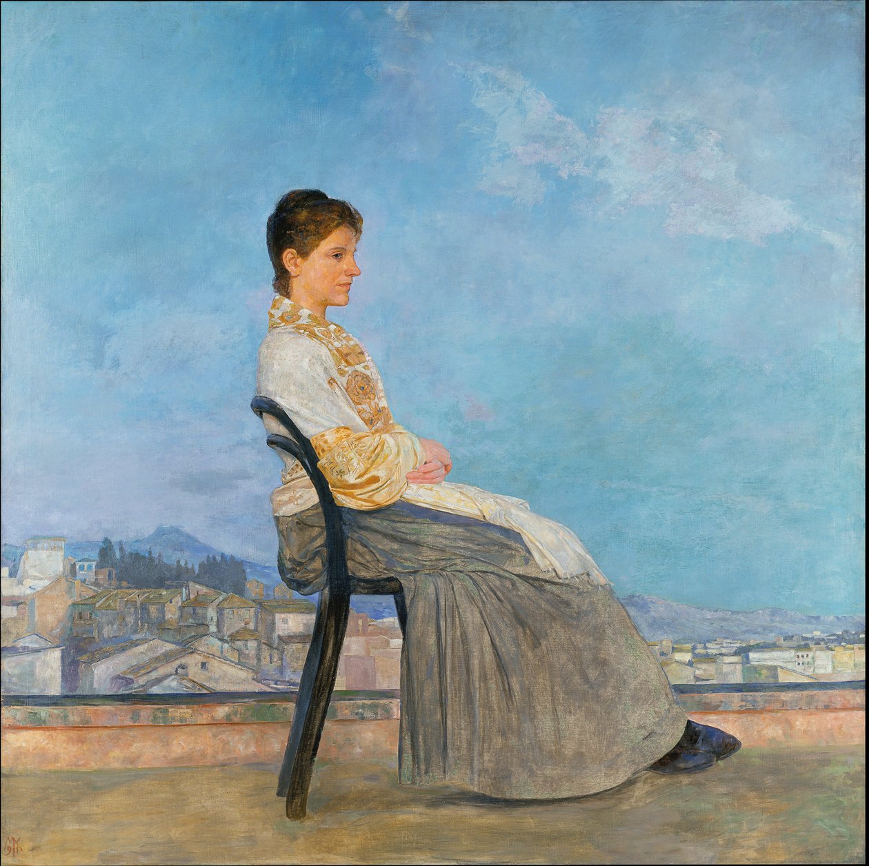 Portret van een Romeinse vrouw op een plat dak in Rome door Max Klinger