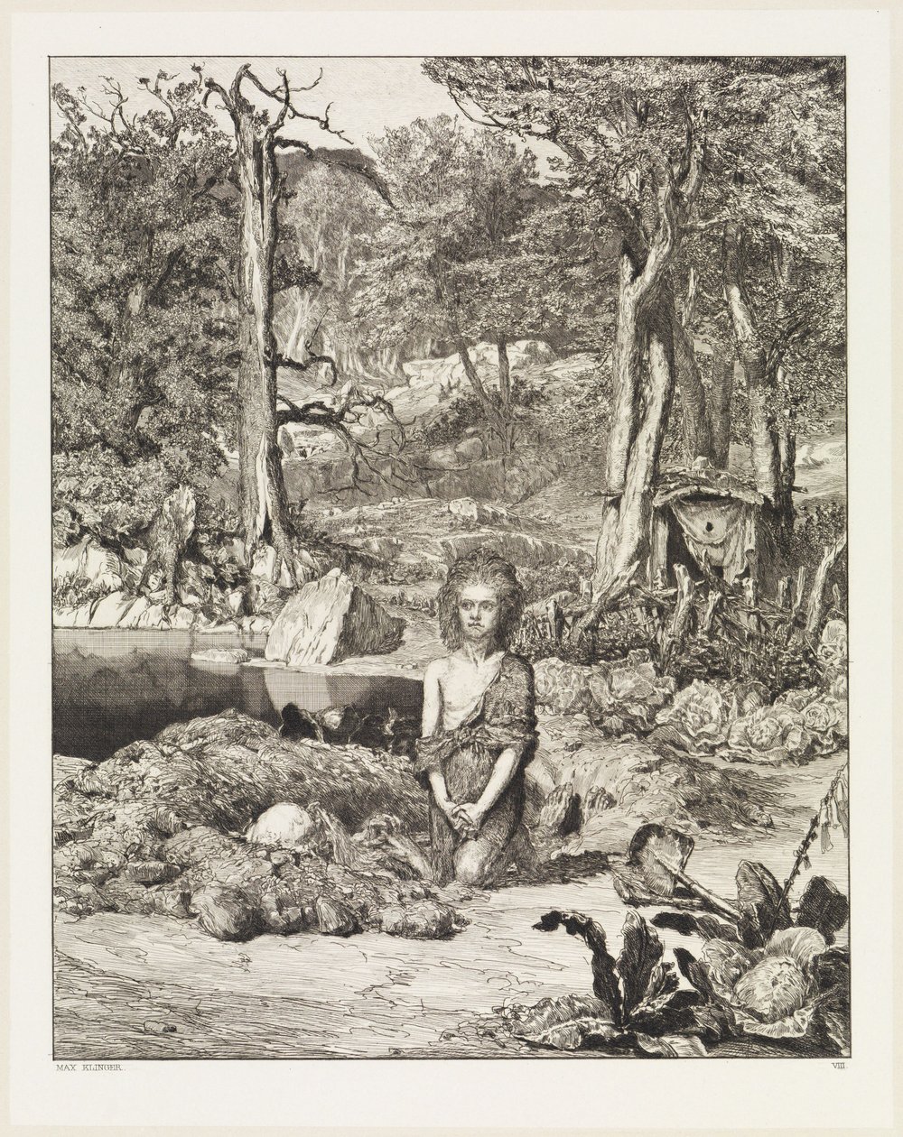 Simplicius bij het graf van de kluizenaar (Intermezzi, Opus IV, blad 8) door Max Klinger