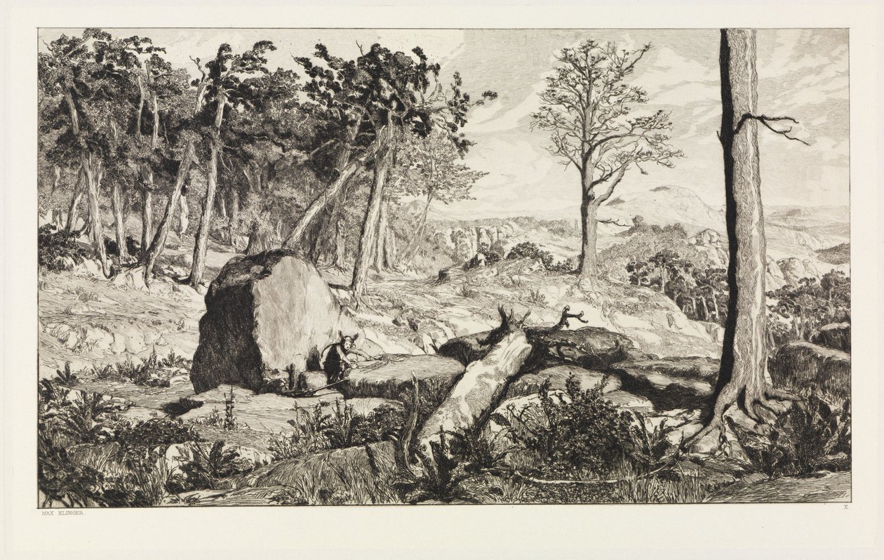 Simplicius in de wildernis van het bos (Intermezzi, opus IV, blad 10) door Max Klinger