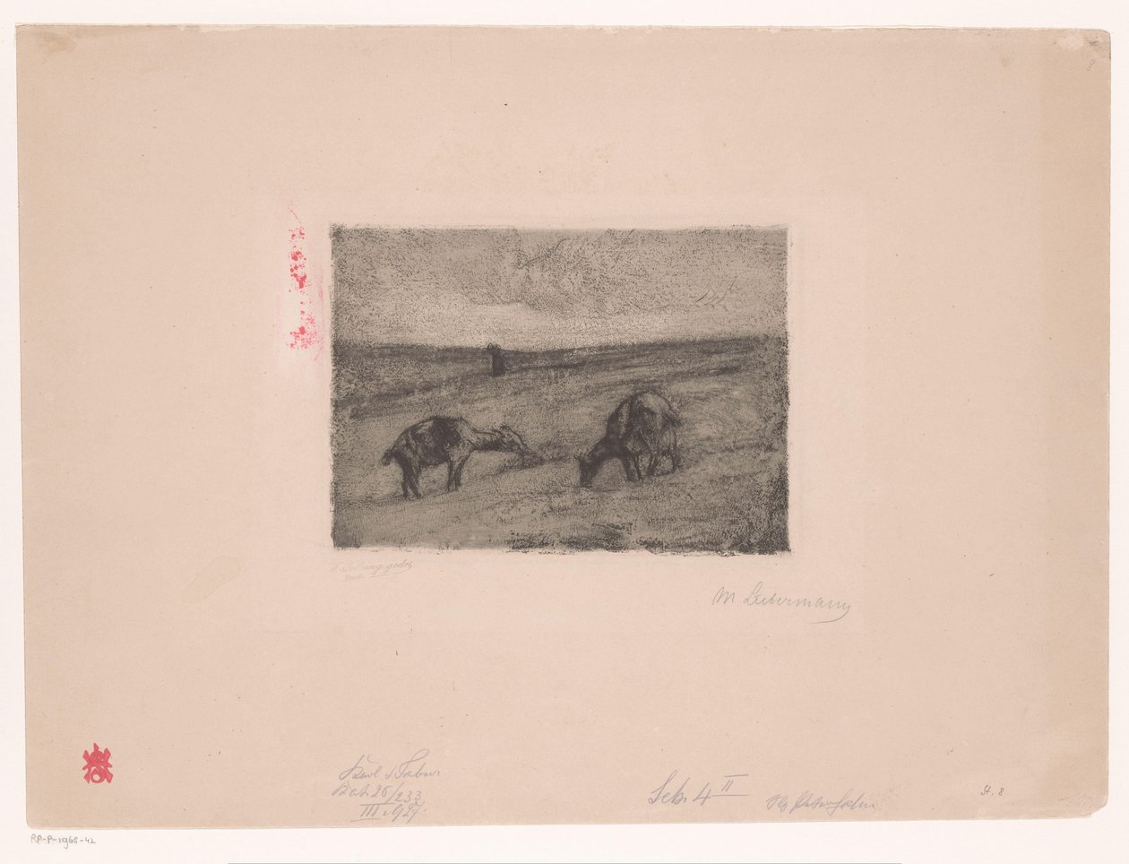 Landschap met grazende geiten door Max Liebermann (signed by artist)