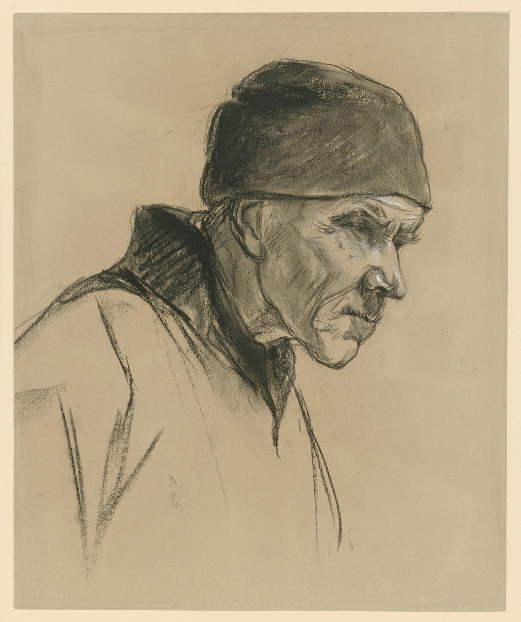 Oude man met pet (borstbeeld, profiel naar rechts), studie voor: Lopende boer (1894) door Max Liebermann
