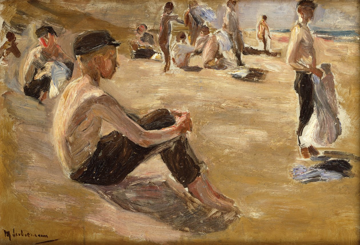 Zwemmende Jongens (olieverf op board) door Max Liebermann