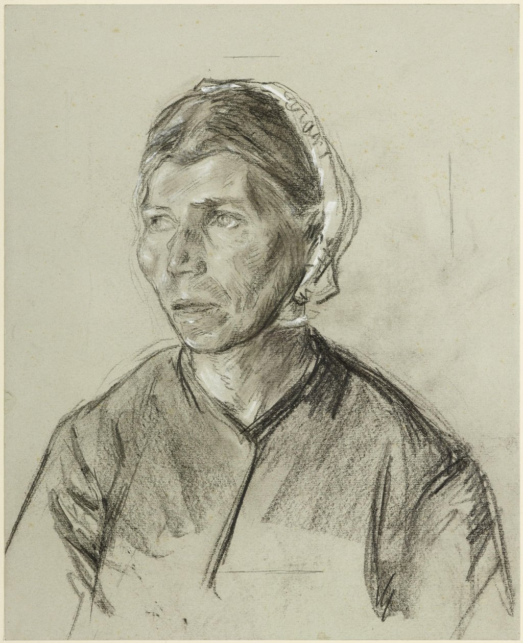 Borstbeeld van een oudere vrouw met een kapje op door Max Liebermann