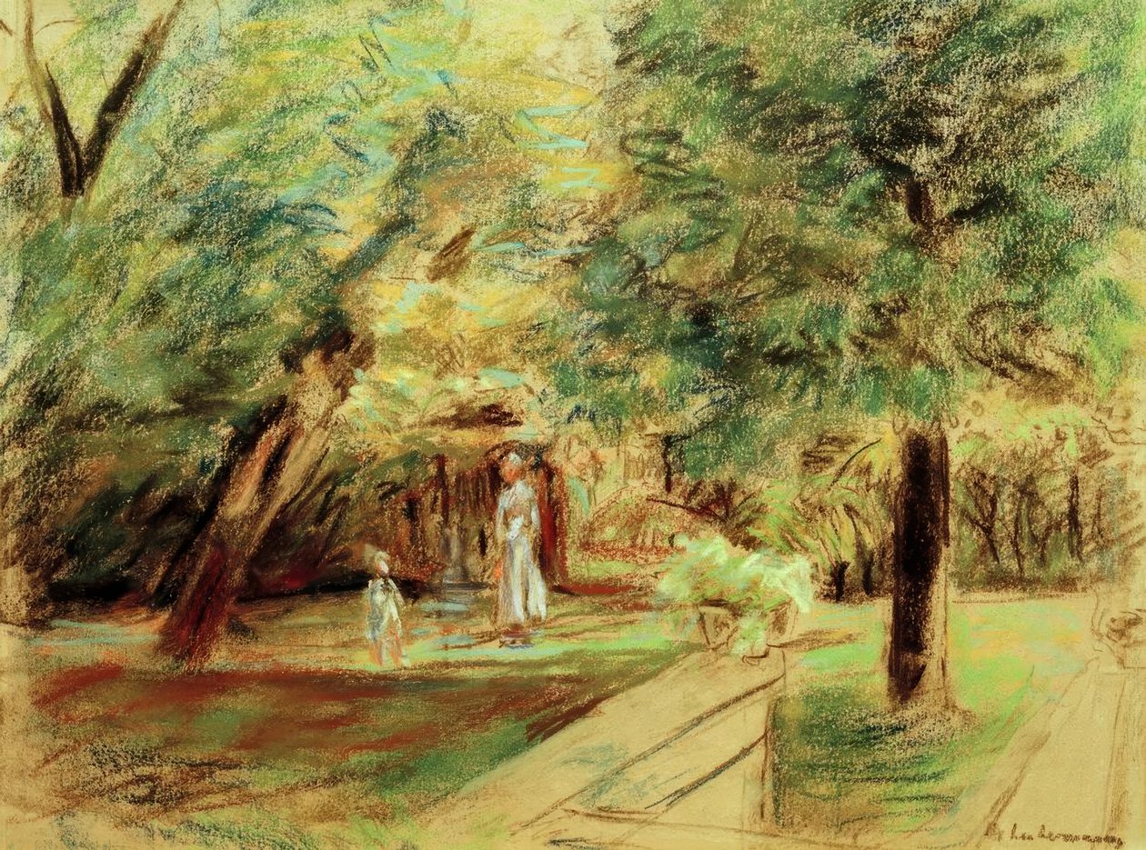 Kleindochter met kindermeisje voor haagtuinen door Max Liebermann