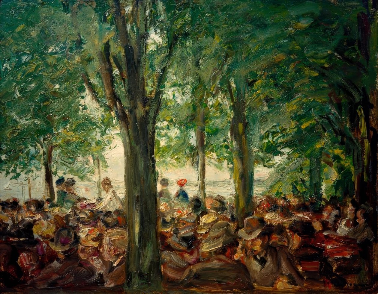 Tuinrestaurant aan de Havel onder bomen (Schildhorn) door Max Liebermann