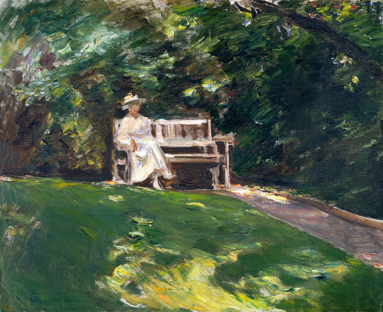 Figuur van zijn dochter op een witte tuinbank door Max Liebermann