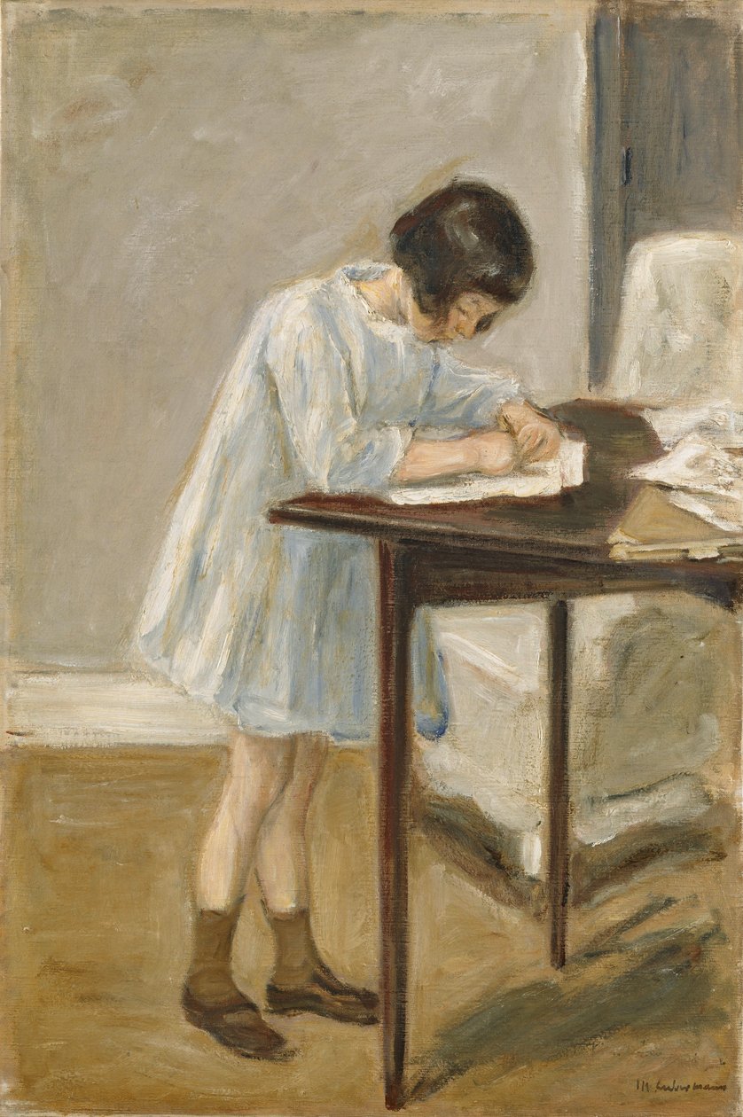 Kleindochter, staand meisje dat schrijft door Max Liebermann
